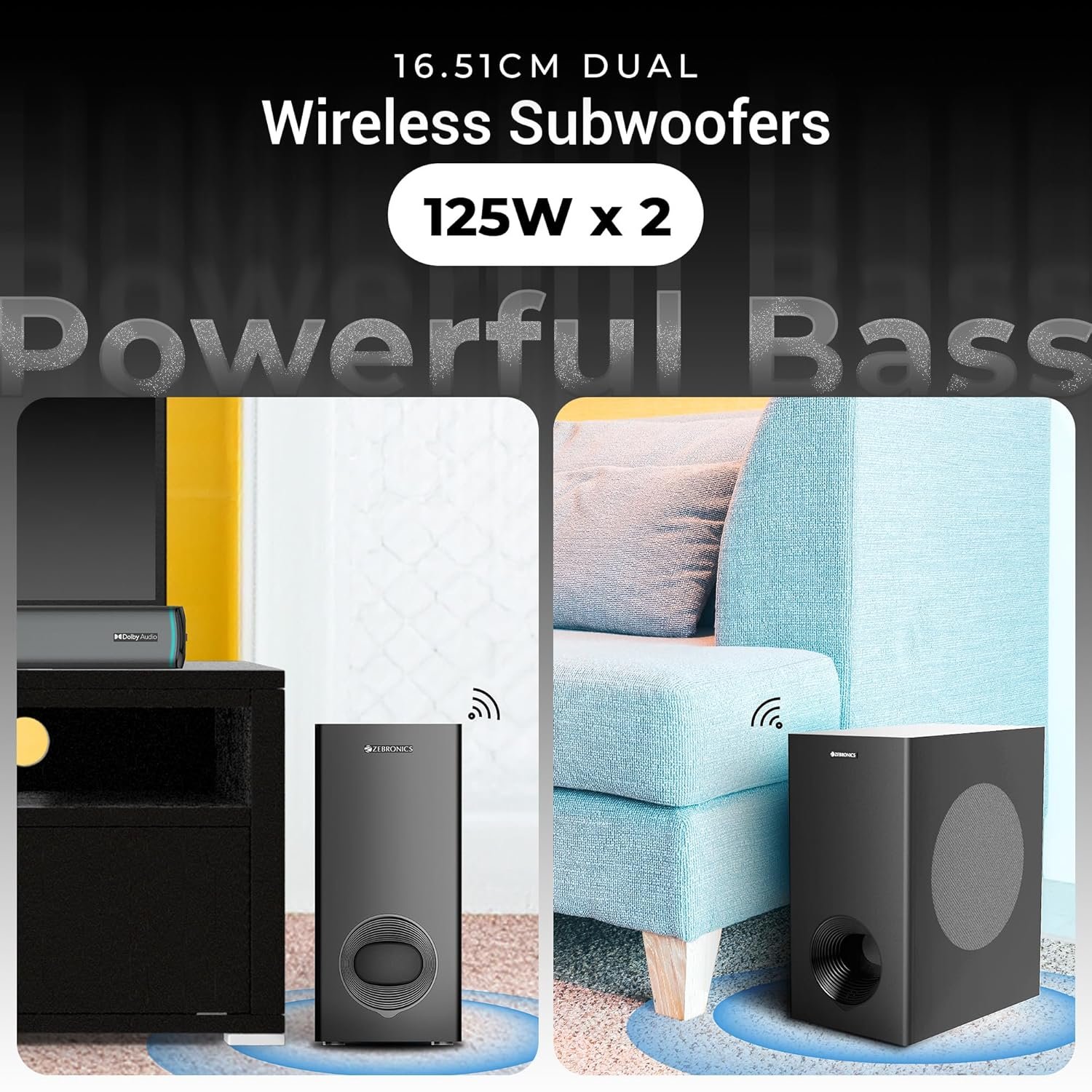 ZEBRONICS Juke bar 9550 pro 5.2 Soundbar (625 Watts), Dolby Audio, Dual Wireless Subwoofer & Satellite, BT v5.3, HDMI ARC, Optical, Powerful Bass, RGB LED Lights, Wall Mountable - View 9