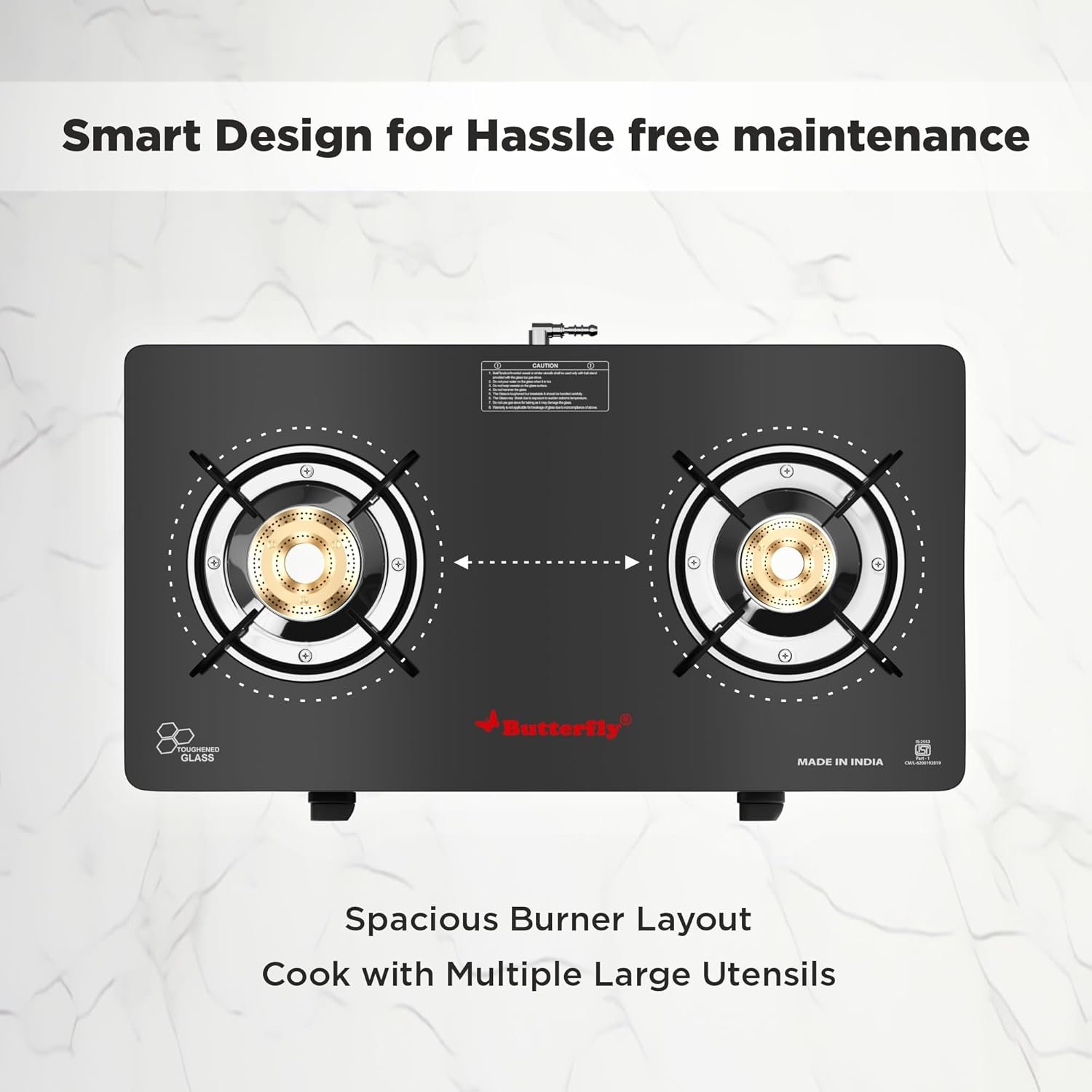 Butterfly Smart 2 Burner Glass Top Gas Stove | Manual Ignition | Scratch Resistant Toughened Glass | Brass Burners | Skid-proof Legs | 1 Year Manufacturer&#039;s Warranty | Black - View 3