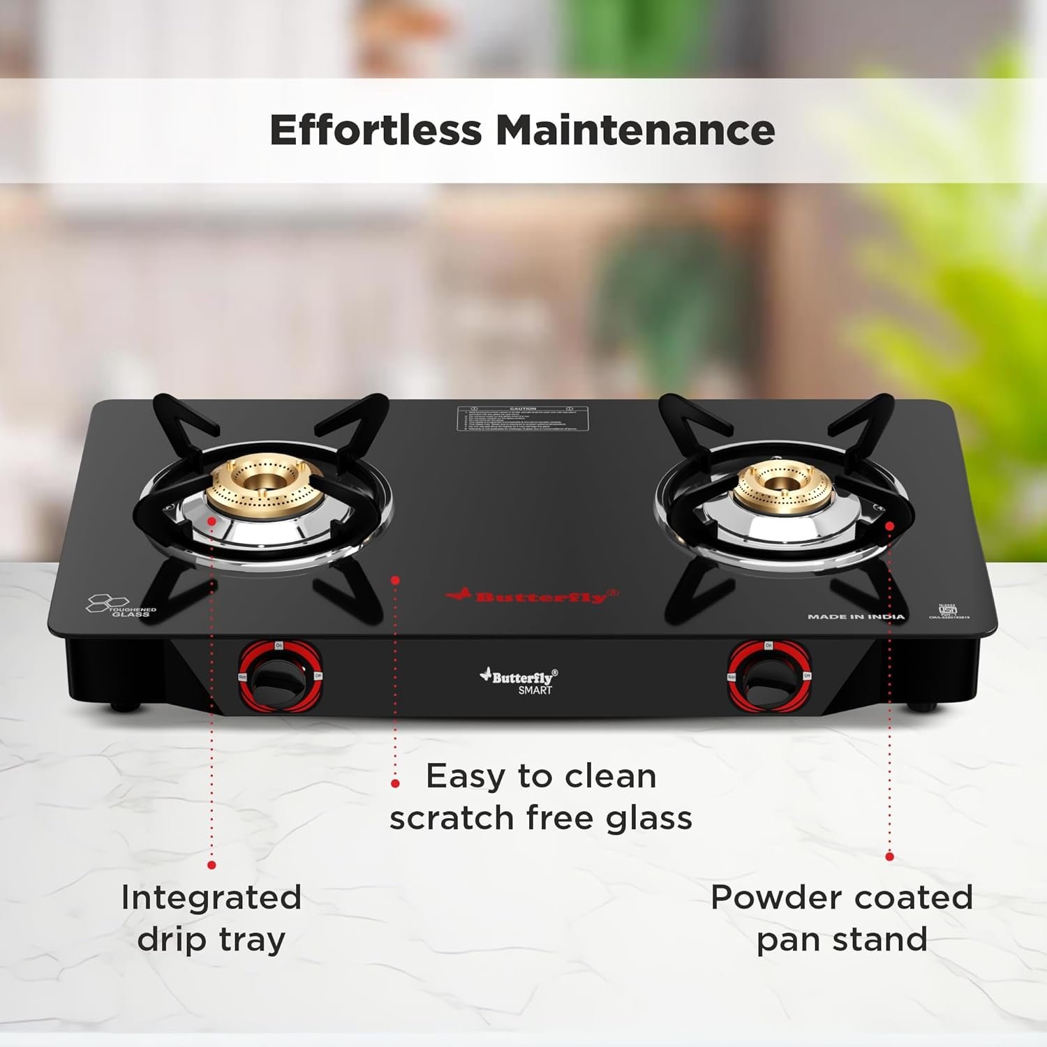 Butterfly Smart 2 Burner Glass Top Gas Stove | Manual Ignition | Scratch Resistant Toughened Glass | Brass Burners | Skid-proof Legs | 1 Year Manufacturer&#039;s Warranty | Black - View 2