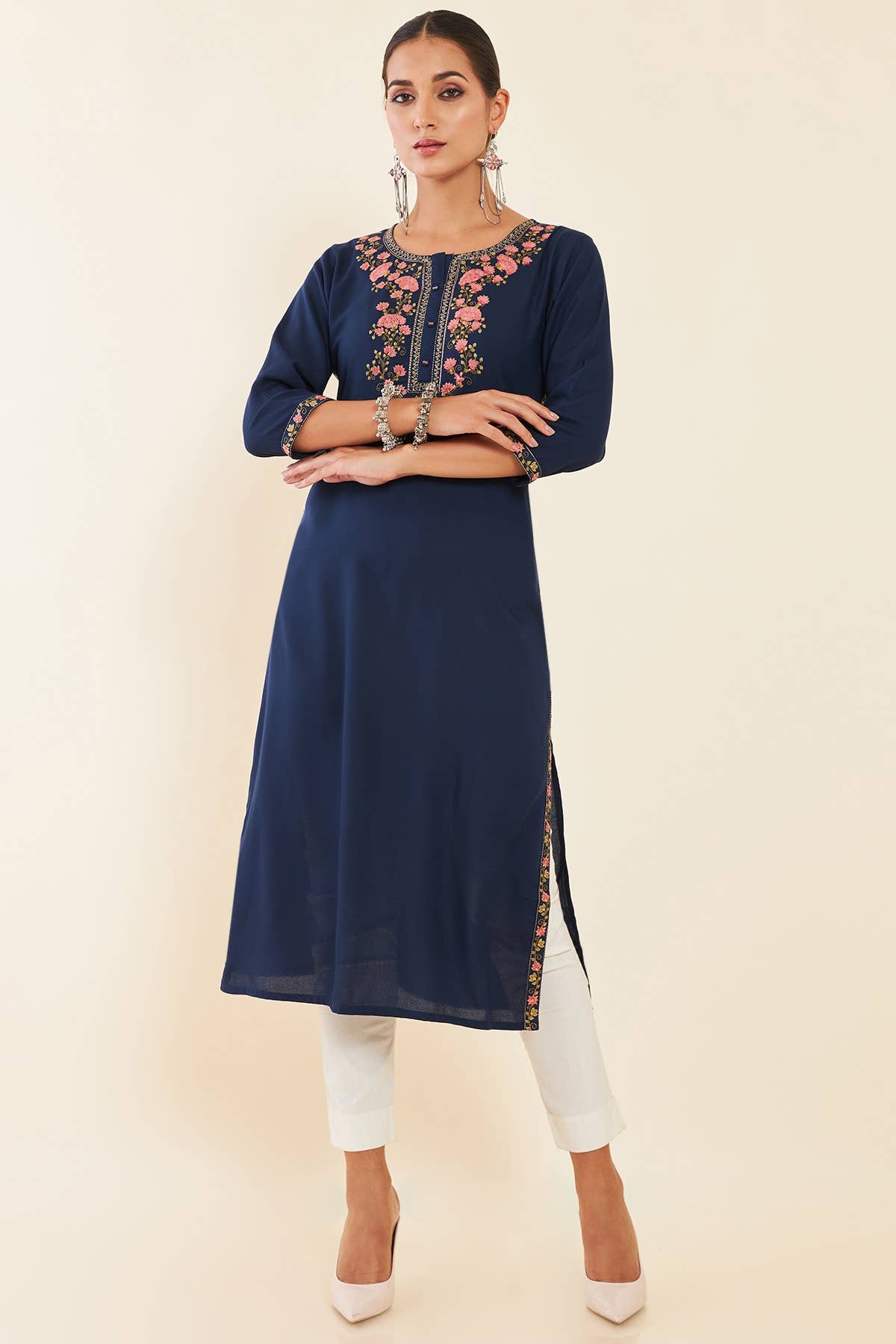 Navy Blue Floral Embroidered Rayon Kurta - View 2