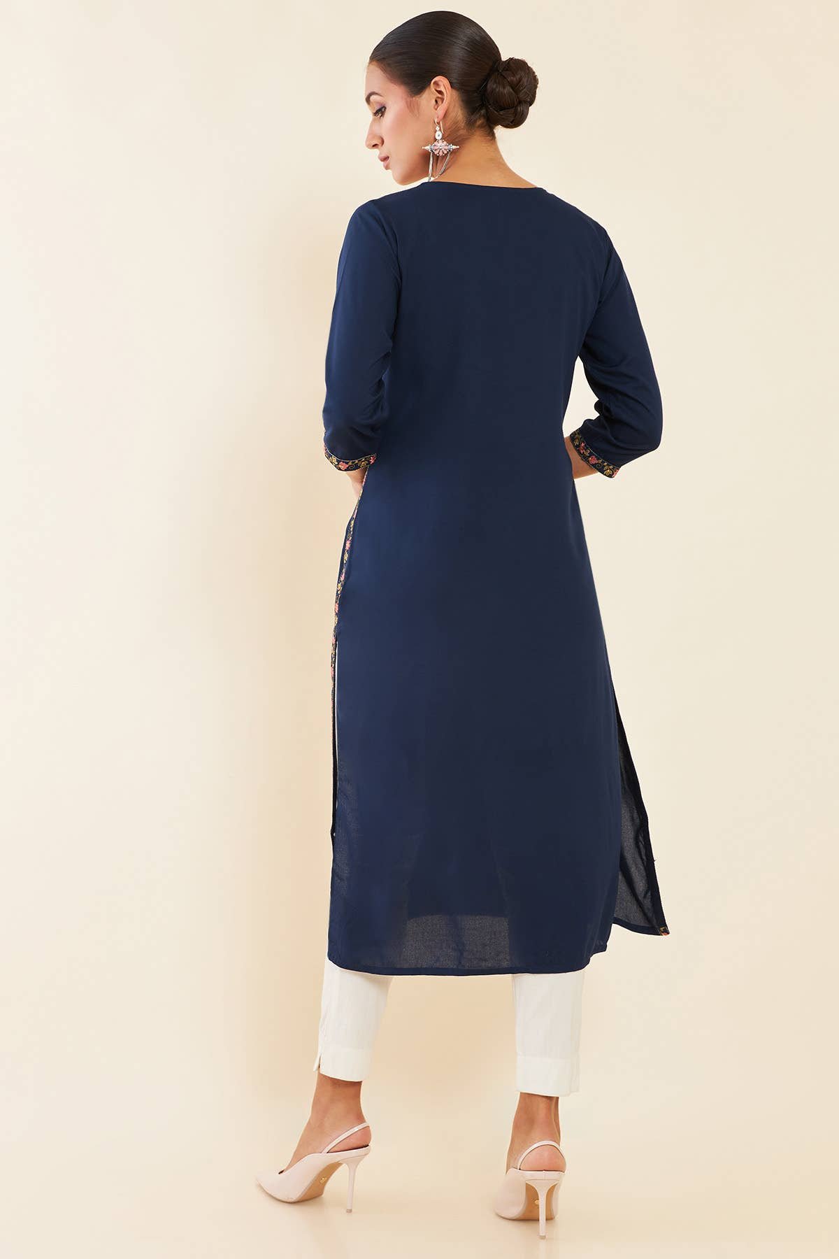 Navy Blue Floral Embroidered Rayon Kurta - View 4