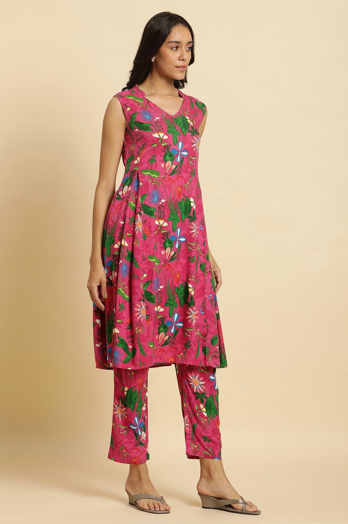 Pink Floral Printed Sleeveless Kurta &amp; Pants Co-Ord Set - View 8