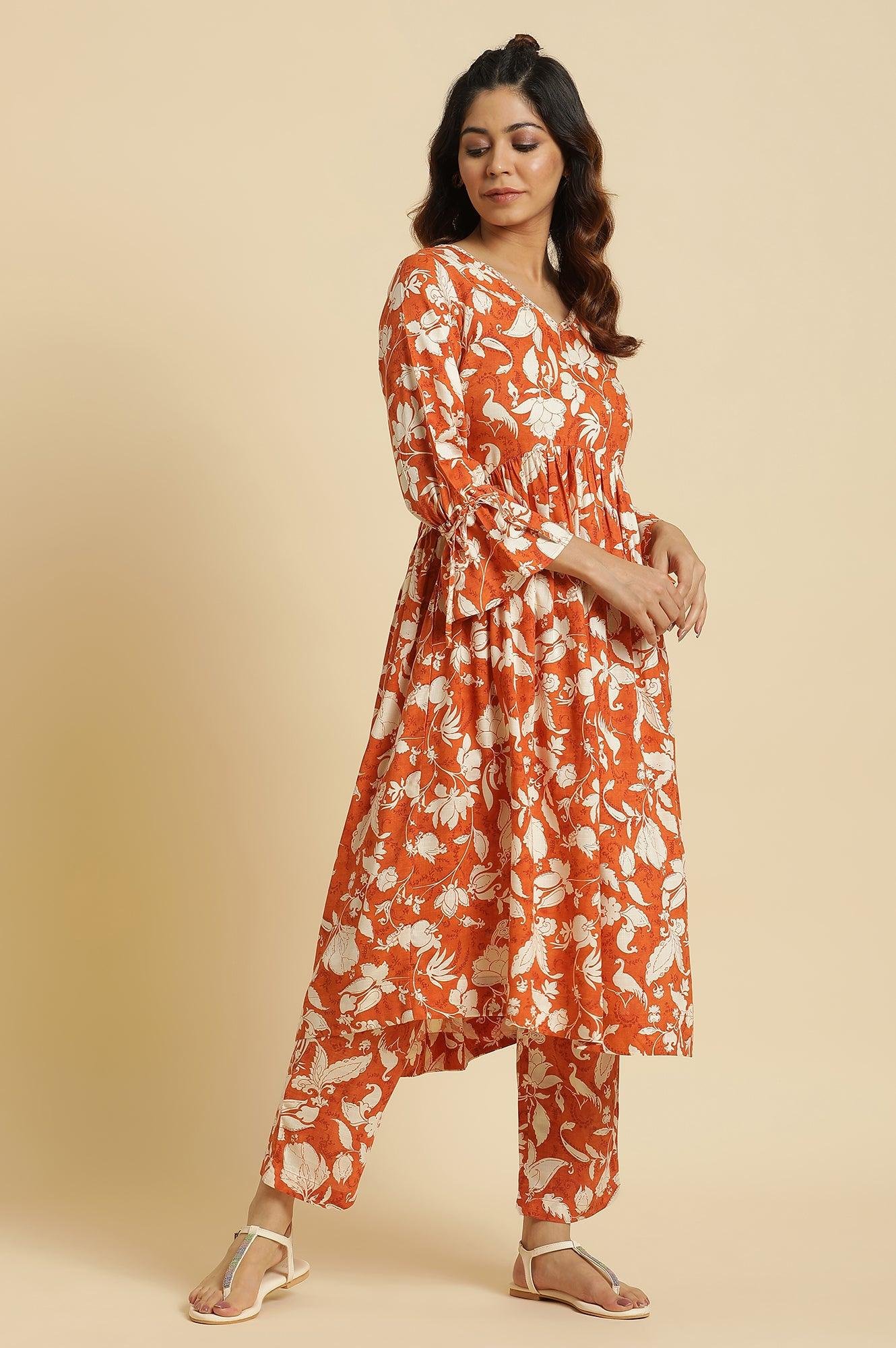 Dark Orange Floral Printed Kurta &amp; Pants Co-Ord Set - View 5