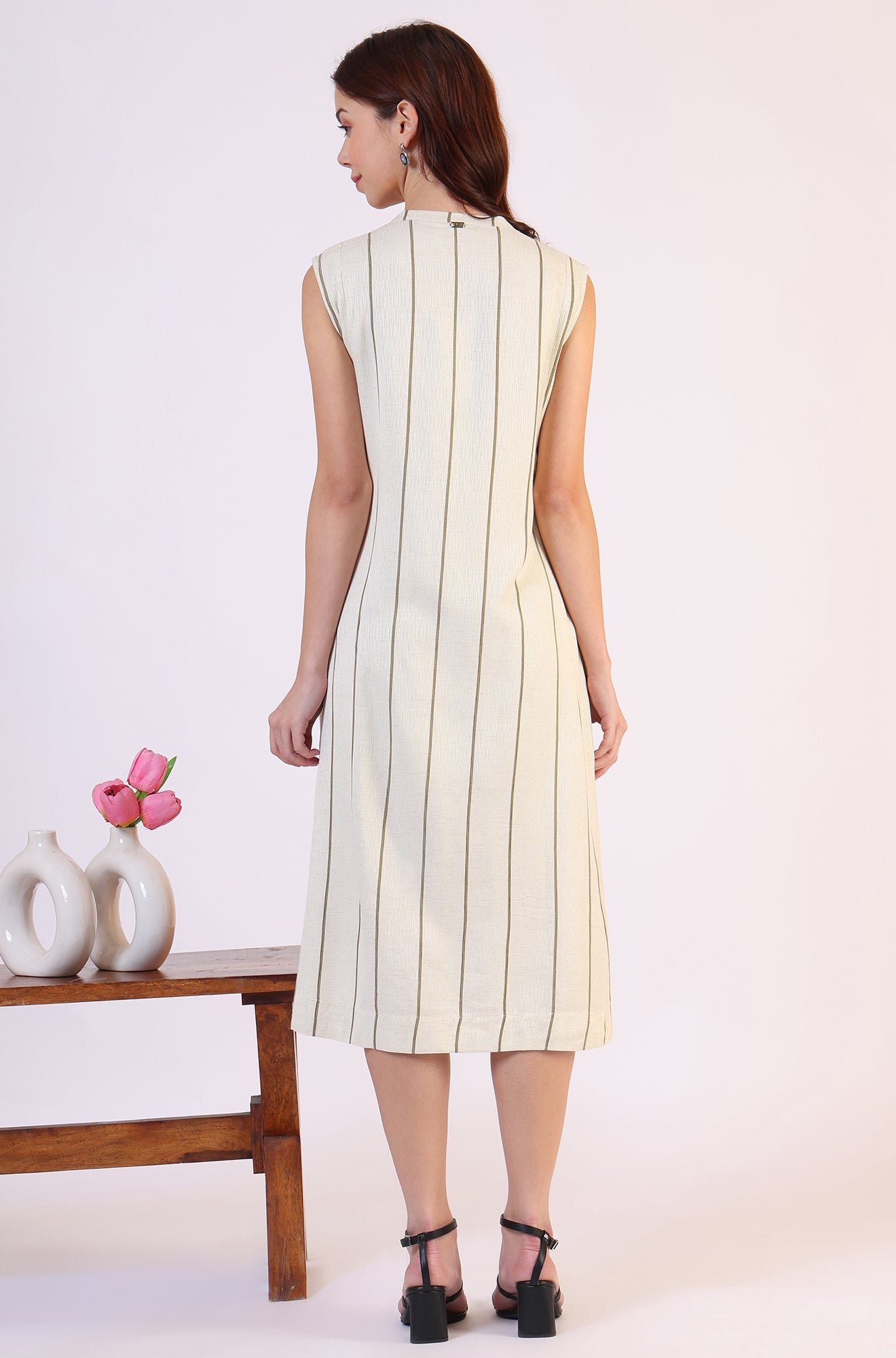Off -White Striped Cotton Blend Flared Western Dress - View 8