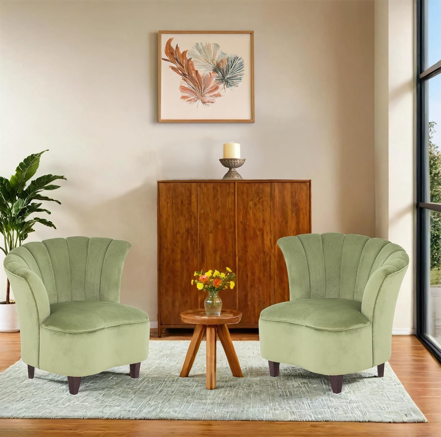 Peachtree Butterfly 1 Seater Chair for Living Room, Mango Wooden Frame &amp; Sheesham Wood Leg | Velvet Fabric Chair for Dining Room | Single Seater Chair | No Armstyle |1 Year Warrranty (Set of 2, Green) - View 2