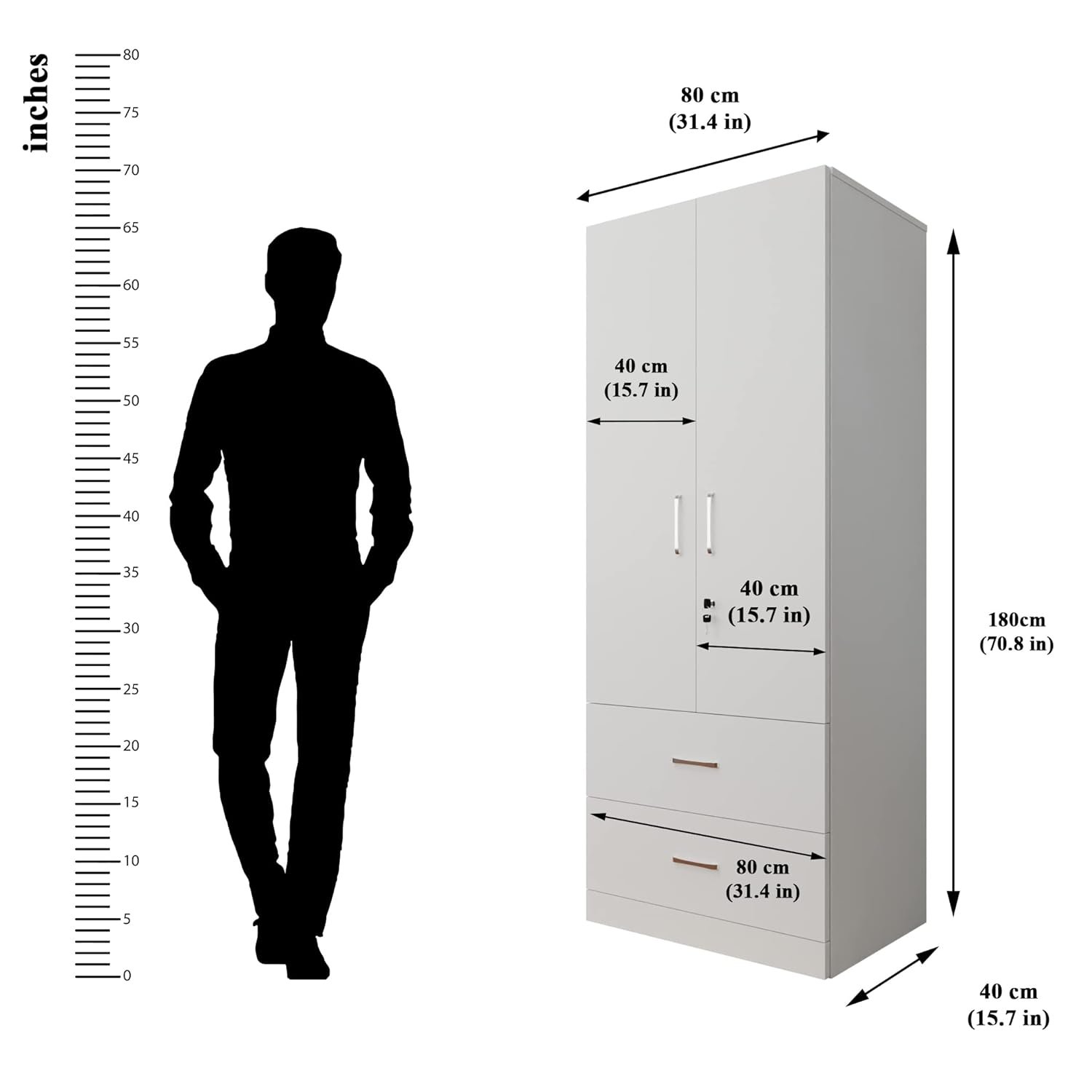 VIKI Wardrobe | Wooden Almirah for Clothes,Door for Bedroom, 2 Door Wardrobe with Drawer &amp; Hanging Space (Frosty White - 40D x 80W x 180H) | 1 Year Warranty | Free Assembly - View 3