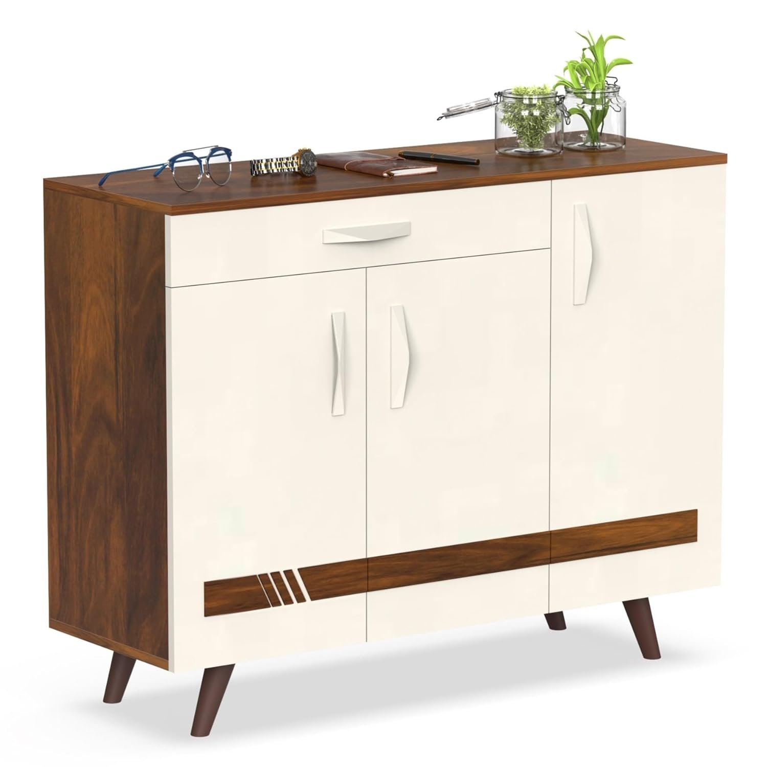 BLUEWUD Kaspen Engineered Wood Wood Dual Tone 3 Doors Shoe Rack Cabinet Slipper Footwear Stand Organizer with Drawer can Store Up to 16 Pairs for Home (Brown Maple & White) - View 3