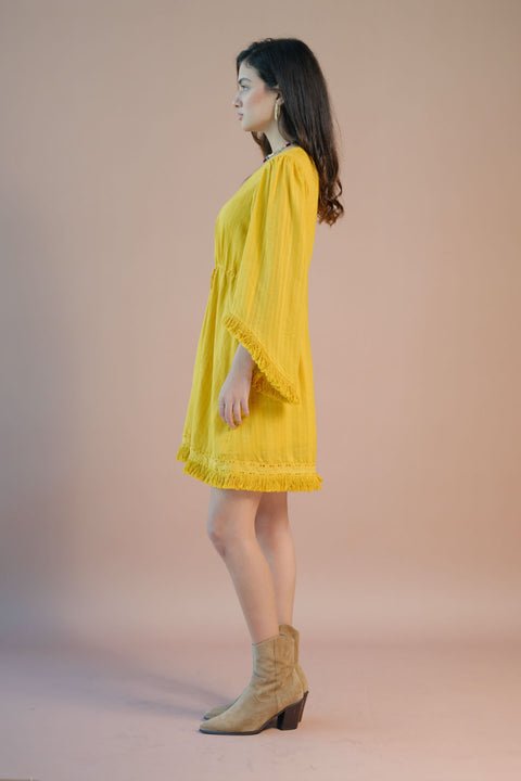 Oshin 100% Cotton Tie-Up Waist Bell Sleeve Dress - View 3