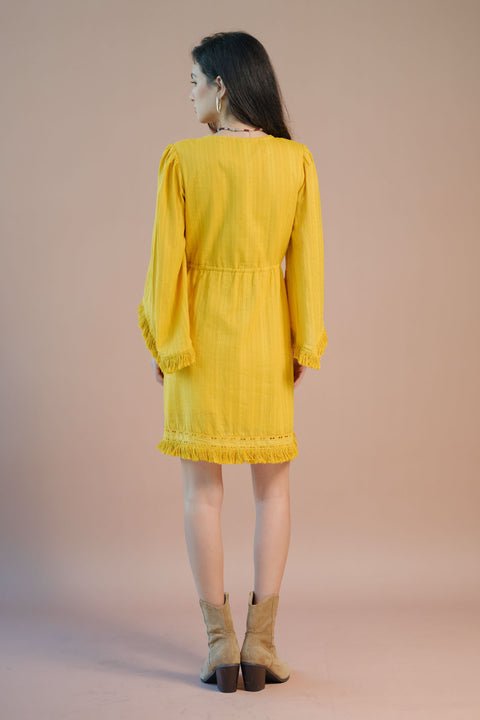 Oshin 100% Cotton Tie-Up Waist Bell Sleeve Dress - View 4